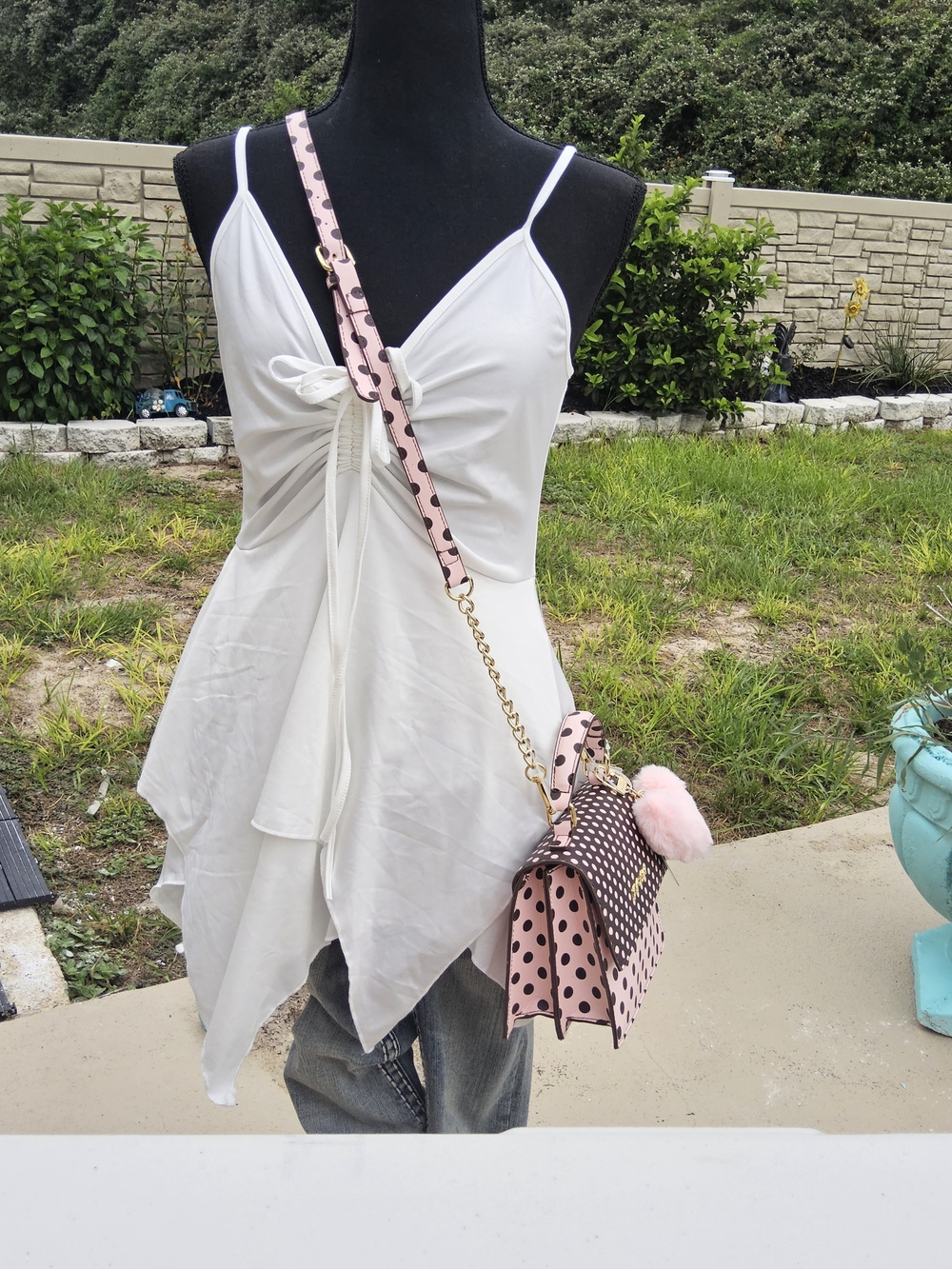NWT- Betsey Johnson Pink & Brown Polka Dot Top-Handle Satchel with Pink Pom - Picture 6 of 6